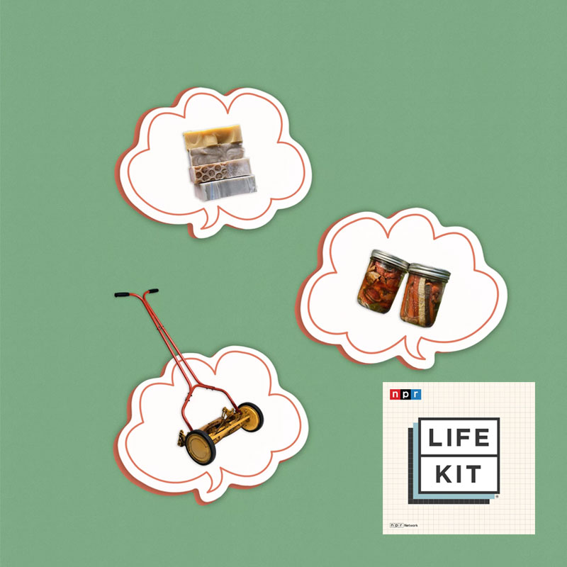 3 idea bubbles with a stack of cheese, a lawnmower and canned veggies.